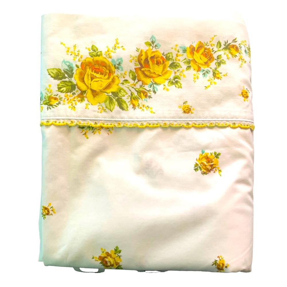 Springmaid Wondercale Twin Flat Sheet Yellow Roses Scalloped Detail Vintage